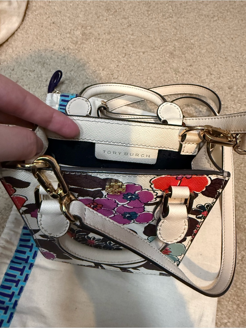 White Floral Tory Burch Crossbody mini Tote Bag with Pink & Teal Accents - Picture 2 of 2